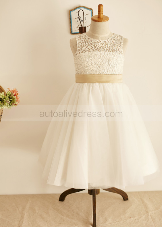 Ivory Lace Tulle Keyhole Back Flower Girl Dress With Bows